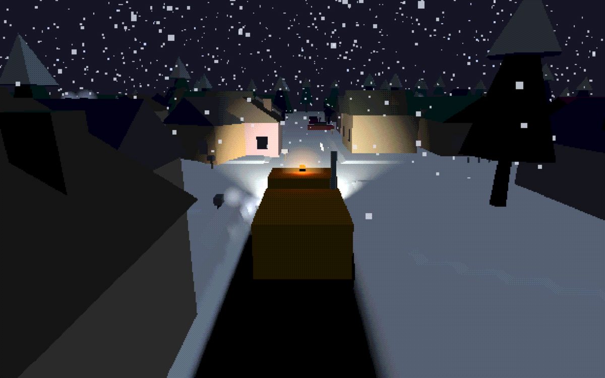 The plow at night from behind: headlights lighting falling snow, a dark cleared lane behind the blade, one warm lit window ahead.